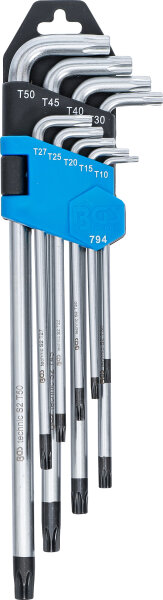 Winkelschl&uuml;sselsatz, extra lang, T-Profil (Torx) mit Bohrung T10 - T50, 9-tlg. 
